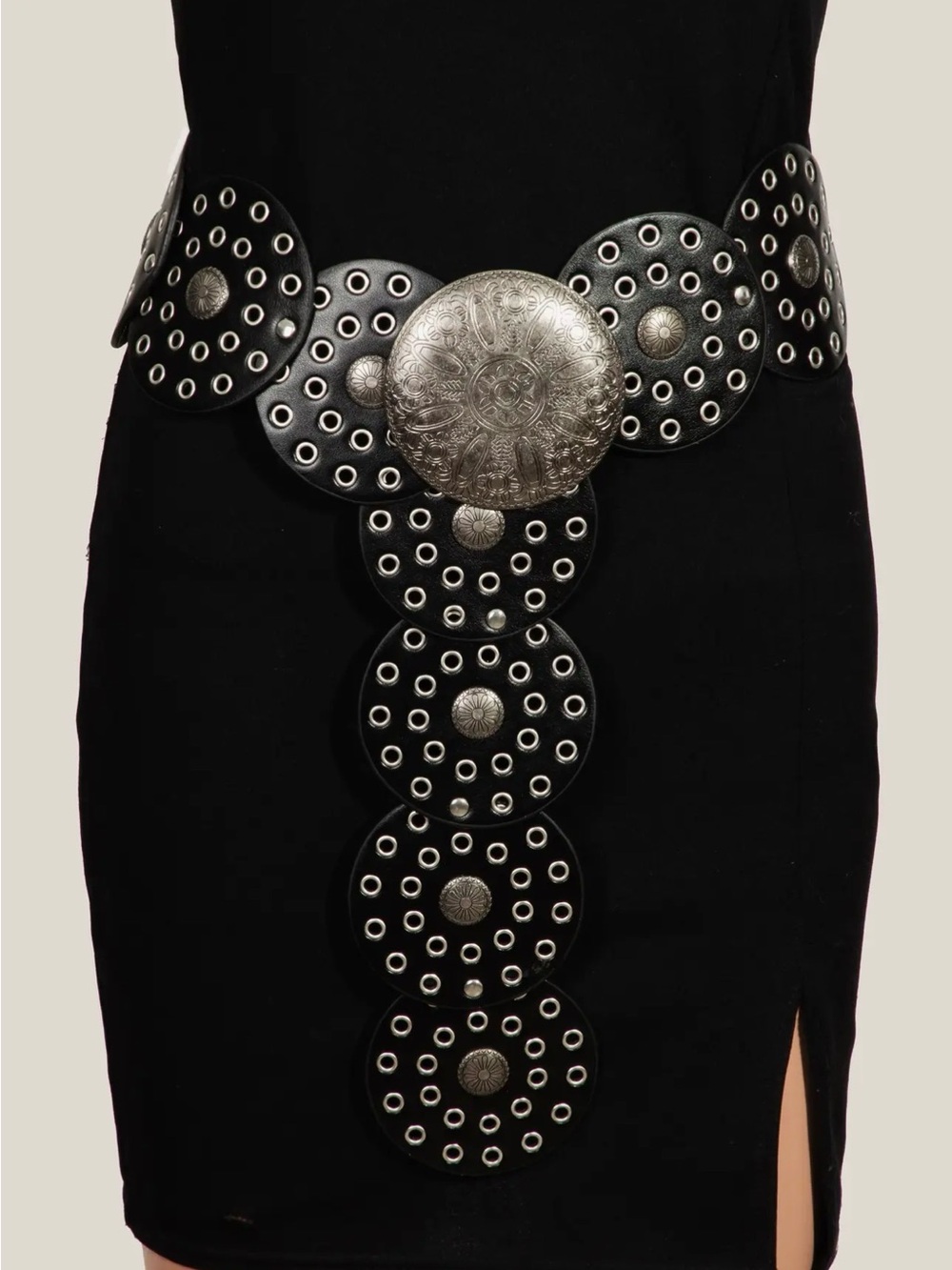 Boho Western Concho Disc Belt Black Silver Statement Waist Festival Style Y2K